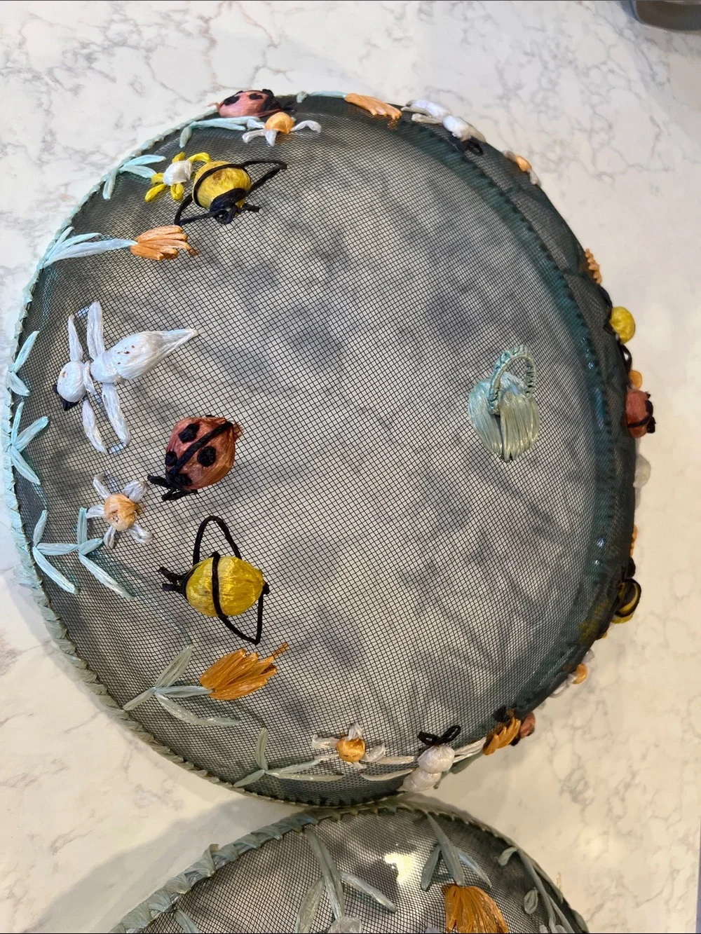 Vintage Embroidered Mesh Food Covers - Floral, Bee, Ant & Ladybug Accents, 3